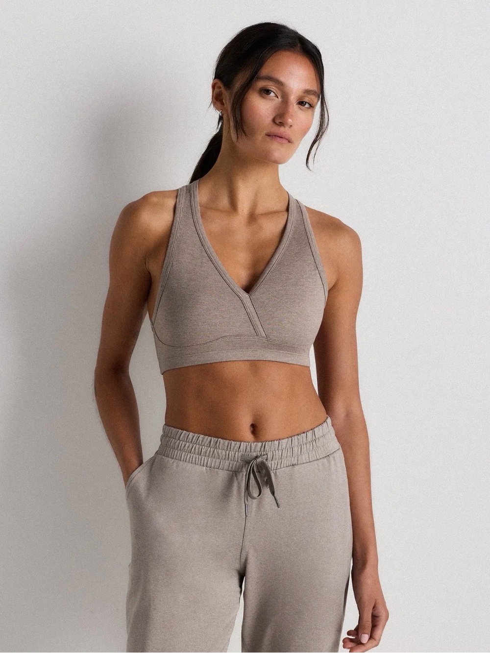 Quince Super Soft V-Neck Racer Back Bra in Heather Morel Grey Size Large r418